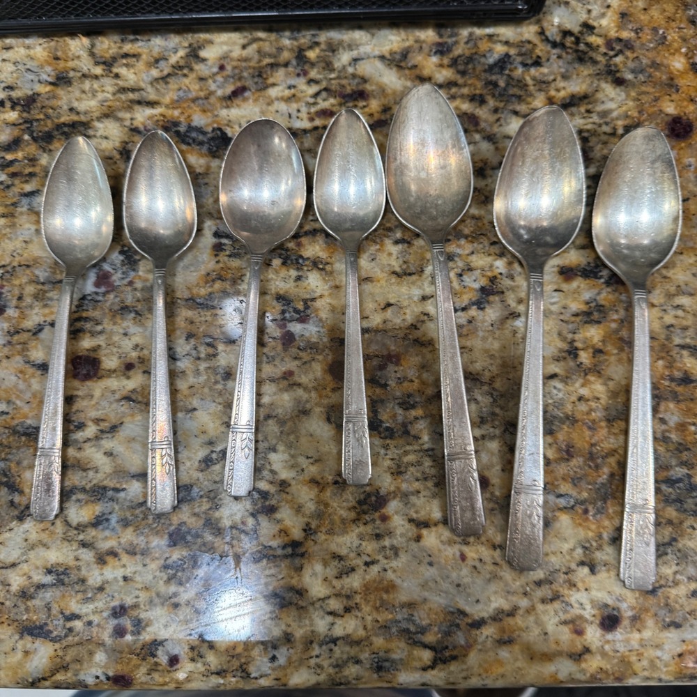 Vintage Simeon L & George H Rogers Silver Plate Spoons Set of 7 Art Deco Floral